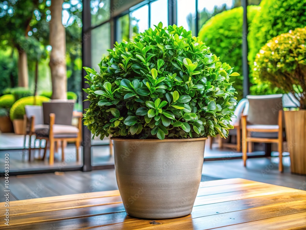 Fototapeta premium This contemporary potted plant showcases rich green foliage, ideal for brightening up any indoor or outdoor setting with its sleek and modern planter.