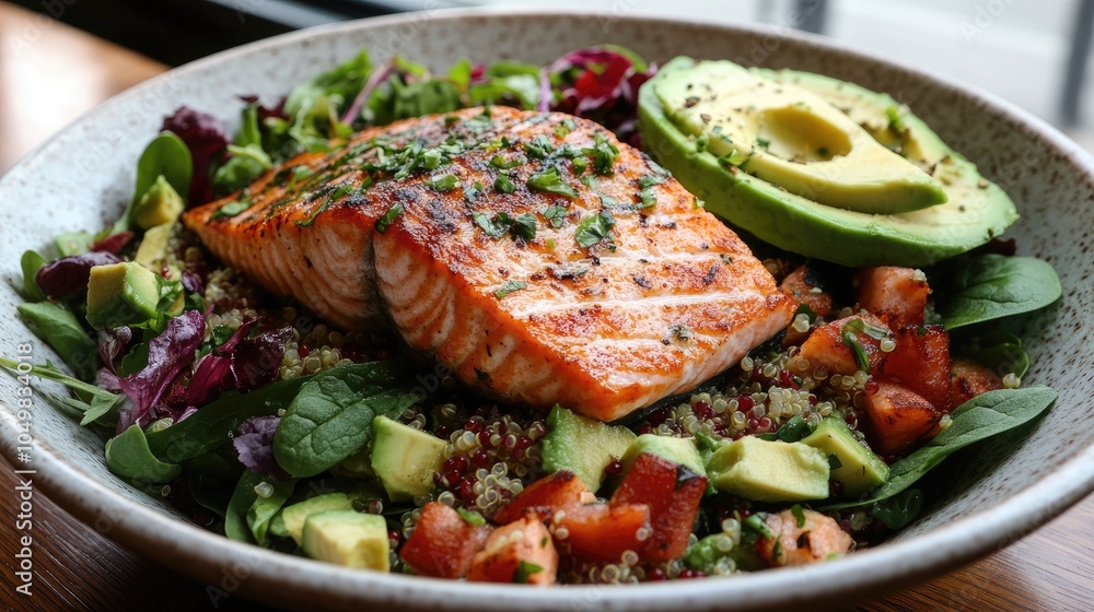 Fresh Grilled Salmon Salad with Avocado and Greens Fresh Grilled Salmon Salad with Avocado and Greens