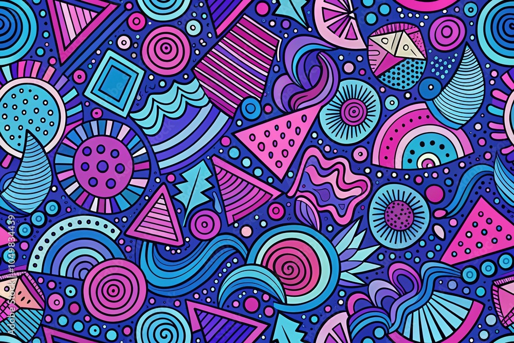 Fototapeta premium This modern geometric vector design features playful abstract shapes in blue, purple, and pink, forming a dynamic and engaging fun doodle pattern background.