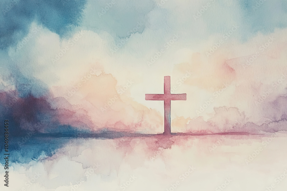 Watercolor illustration of a lone cross fading into the soft clouds at dawn, symbolizing solitude and peace. Watercolor illustration of a lone cross fading into the soft clouds at dawn, symbolizing solitude and peace.