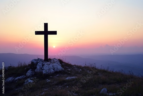 Watercolor illustration of a cross on a hill at sunset, symbolizing faith, sacrifice, and serenity.