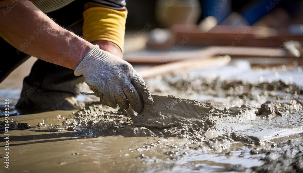 Construction worker smoothing concrete with a trowel, the texture sharply detailed, highspeed macro style Construction worker smoothing concrete with a trowel, the texture sharply detailed, highspeed macro style