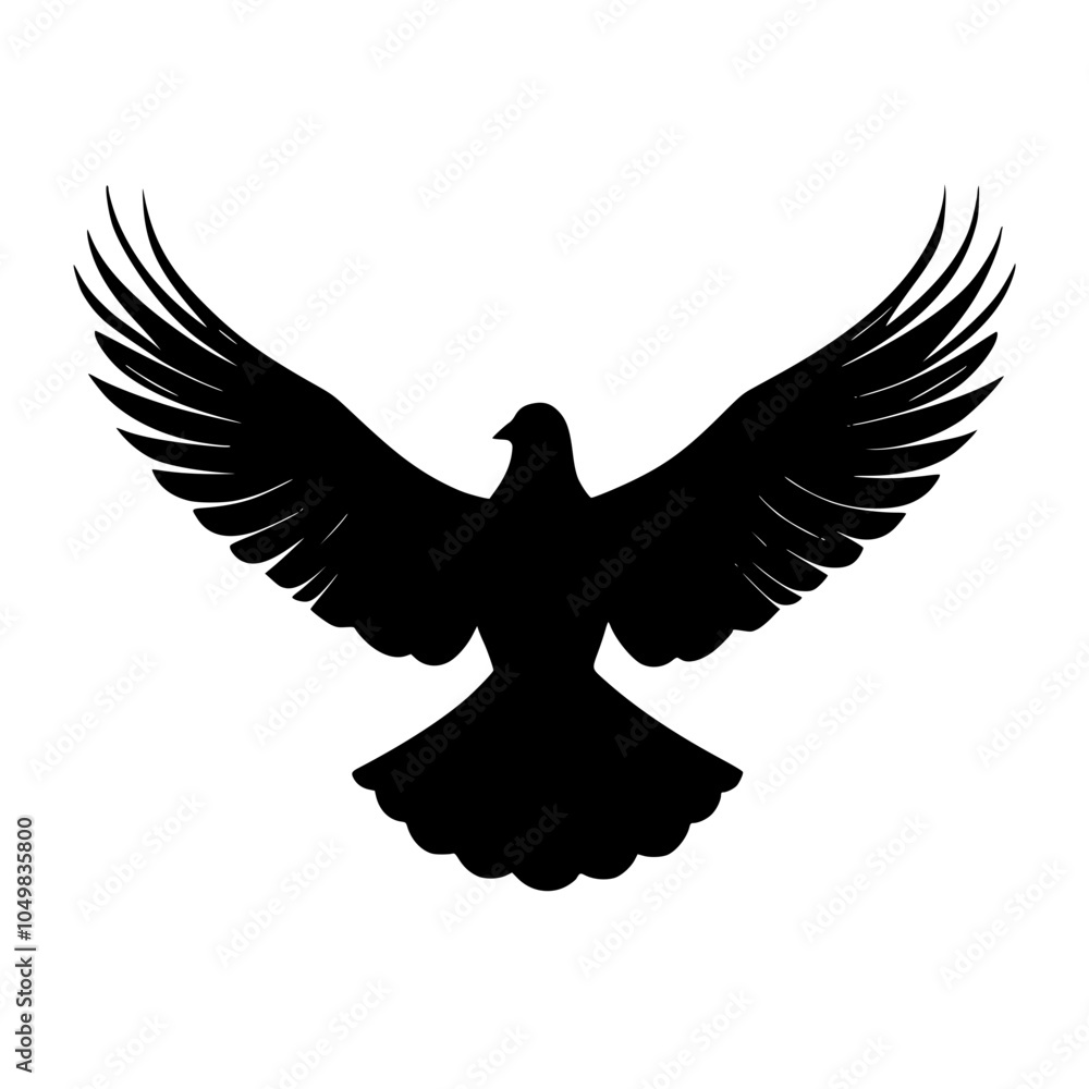 Obraz premium Black Silhouette of a Dove with Outstretched Wings, Simple black silhouette of a dove with wings fully extended, symbolizing peace, freedom, and spirituality in a minimalist design.