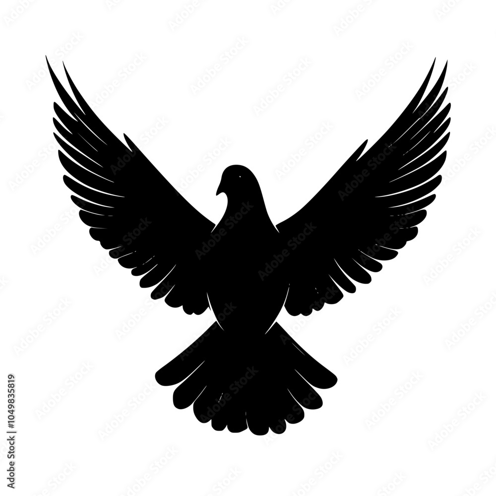 Obraz premium Black Silhouette of a Dove with Outstretched Wings, Simple black silhouette of a dove with wings fully extended, symbolizing peace, freedom, and spirituality in a minimalist design.