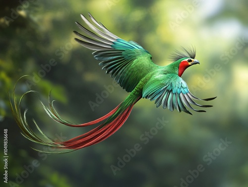 Resplendent Quetzal in Flight with a Soft Natural Blur Background