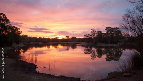  Tranquil sunset over serene lake