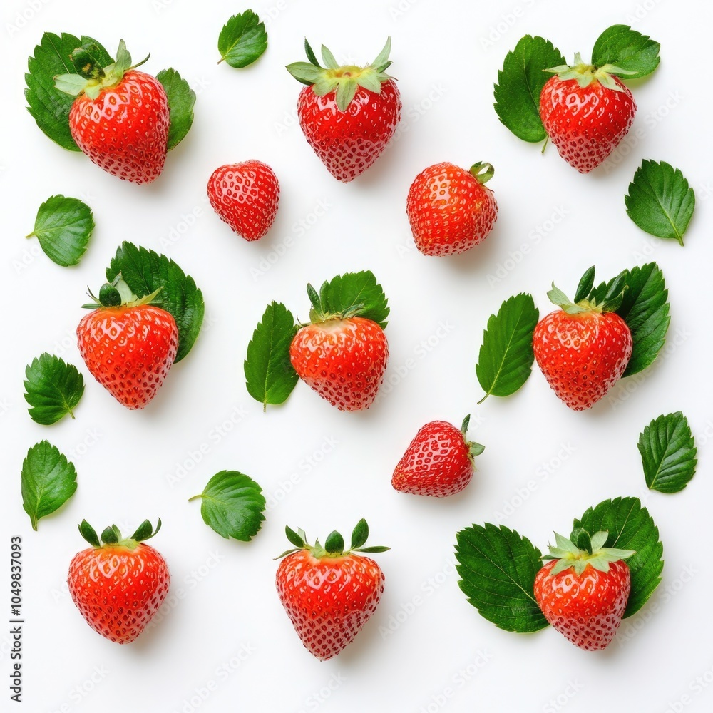 Fresh Cross Section of Red Strawberries with Green Leaves on White Background Fresh Cross Section of Red Strawberries with Green Leaves on White Background