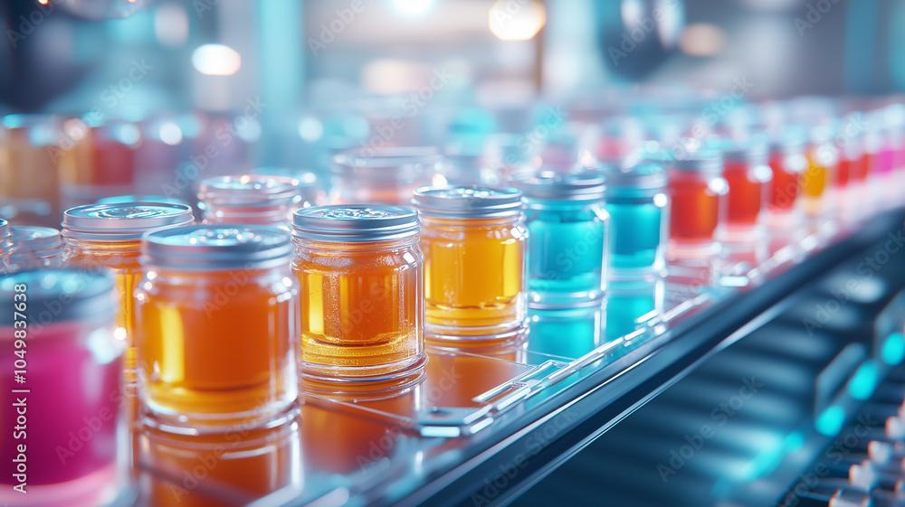 Brightly colored jars filled with vibrant liquids create visually striking display Brightly colored jars filled with vibrant liquids create visually striking display