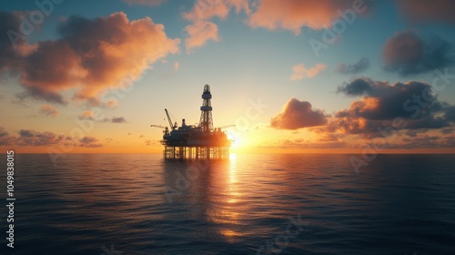 An offshore oil drilling platform in the middle of the ocean at sunset.