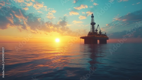 An offshore oil drilling platform in the middle of the ocean at sunset.