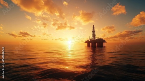 An offshore oil drilling platform in the middle of the ocean at sunset.