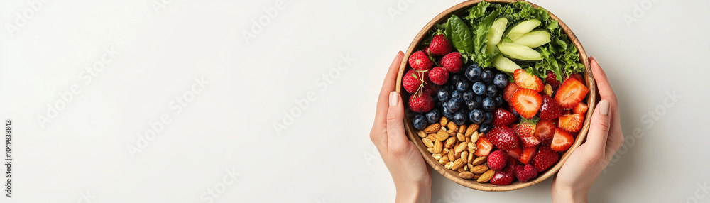 Fresh fruits, nuts, and greens are beautifully arranged in wooden bowl, showcasing vibrant mix of colors and textures. This healthy composition evokes sense of wellness and vitality Fresh fruits, nuts, and greens are beautifully arranged in wooden bowl, showcasing vibrant mix of colors and textures. This healthy composition evokes sense of wellness and vitality