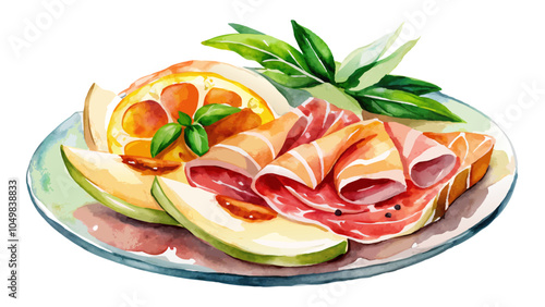 Parma ham and melon for appetizer, 2 sliced of peeled melon warped with Parma ham top with balsamic dressing ,paint with watercolor,white background 