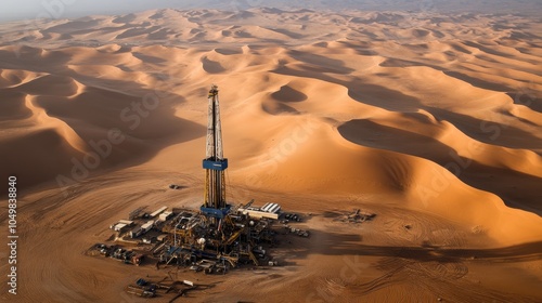 An oil drilling operation in the middle of a vast desert, with sand dunes all around.