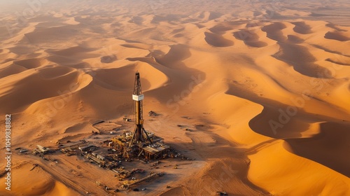 An oil drilling operation in the middle of a vast desert, with sand dunes all around.