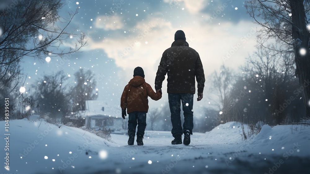 A parent and child hold hands, walking together in a peaceful, snowy winter scene, capturing a heartwarming moment. A parent and child hold hands, walking together in a peaceful, snowy winter scene, capturing a heartwarming moment.