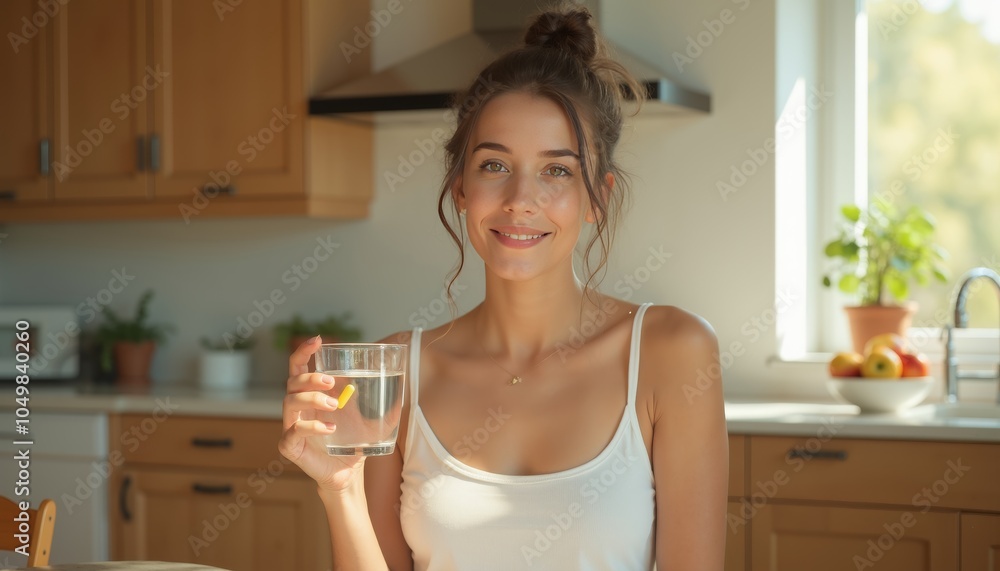 Person Holding Water and Capsule in Cozy Sunlit Kitchen Setting Person Holding Water and Capsule in Cozy Sunlit Kitchen Setting