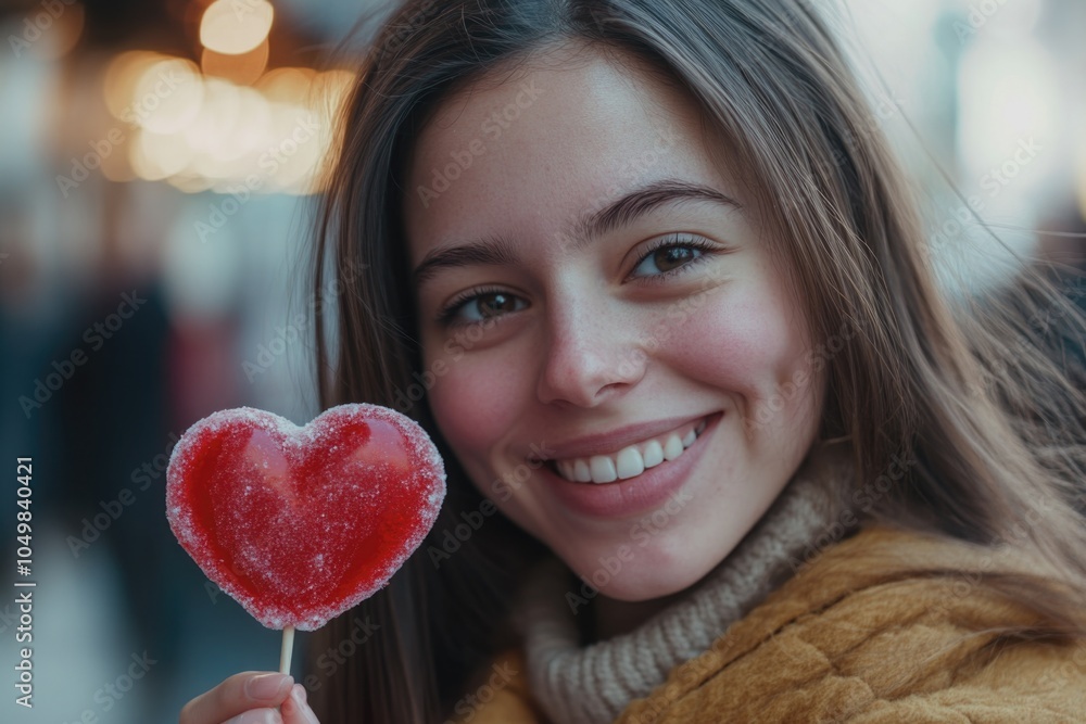 A woman holds a heart-shaped lollipop in front of her face, making a playful expression A woman holds a heart-shaped lollipop in front of her face, making a playful expression