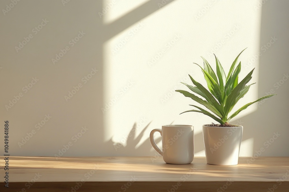 Two cups sit on top of a wooden table, providing a cozy and inviting atmosphere Two cups sit on top of a wooden table, providing a cozy and inviting atmosphere