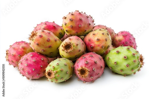 A collection of prickly fruit on a clean white surface