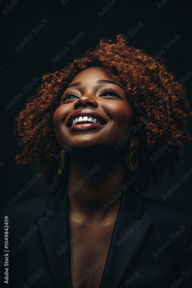Radiant African American Woman with Afro Hairstyle Smiling Joyfully in Stylish Patterned Jacket and Bold Earrings Against Colorful Background Radiant African American Woman with Afro Hairstyle Smiling Joyfully in Stylish Patterned Jacket and Bold Earrings Against Colorful Background