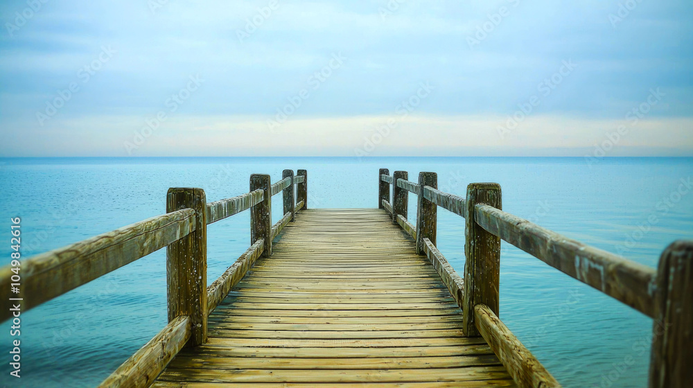 Obraz premium Wooden pier extending into a calm blue sea under a cloudy sky.