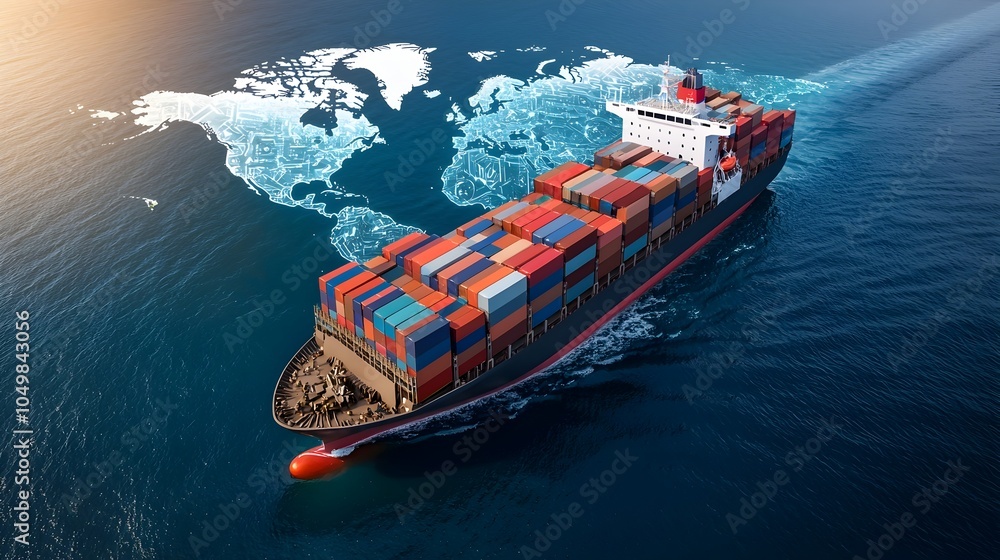 Fototapeta premium Futuristic Container Ship Sailing on the Global Trade Route in the Digital Ocean