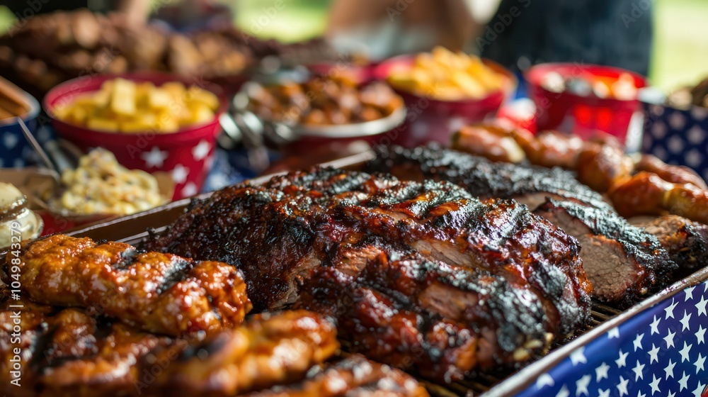A close-up of a delicious spread of BBQ foods served at a Memorial Day cookout, with red, white, and blue tableware A close-up of a delicious spread of BBQ foods served at a Memorial Day cookout, with red, white, and blue tableware