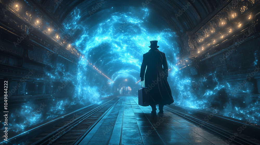 Fototapeta premium Mysterious figure in vintage attire standing in illuminated tunnel with blue energy