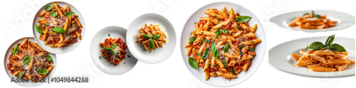 A variety of pasta dishes are artfully arranged on white plates, featuring ingredients like basil and cheese, perfect for an appetizing presentation or culinary ideas isolated PNG isolated PNG