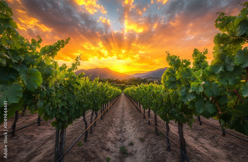Fototapeta premium Beautiful wineyards landscape, Grape field. Vineyard hills. Summer scenery with wineyard rows 