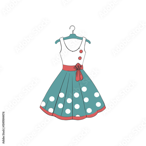 Charming teal and white polka dot dress with a red belt designed for playful fashion