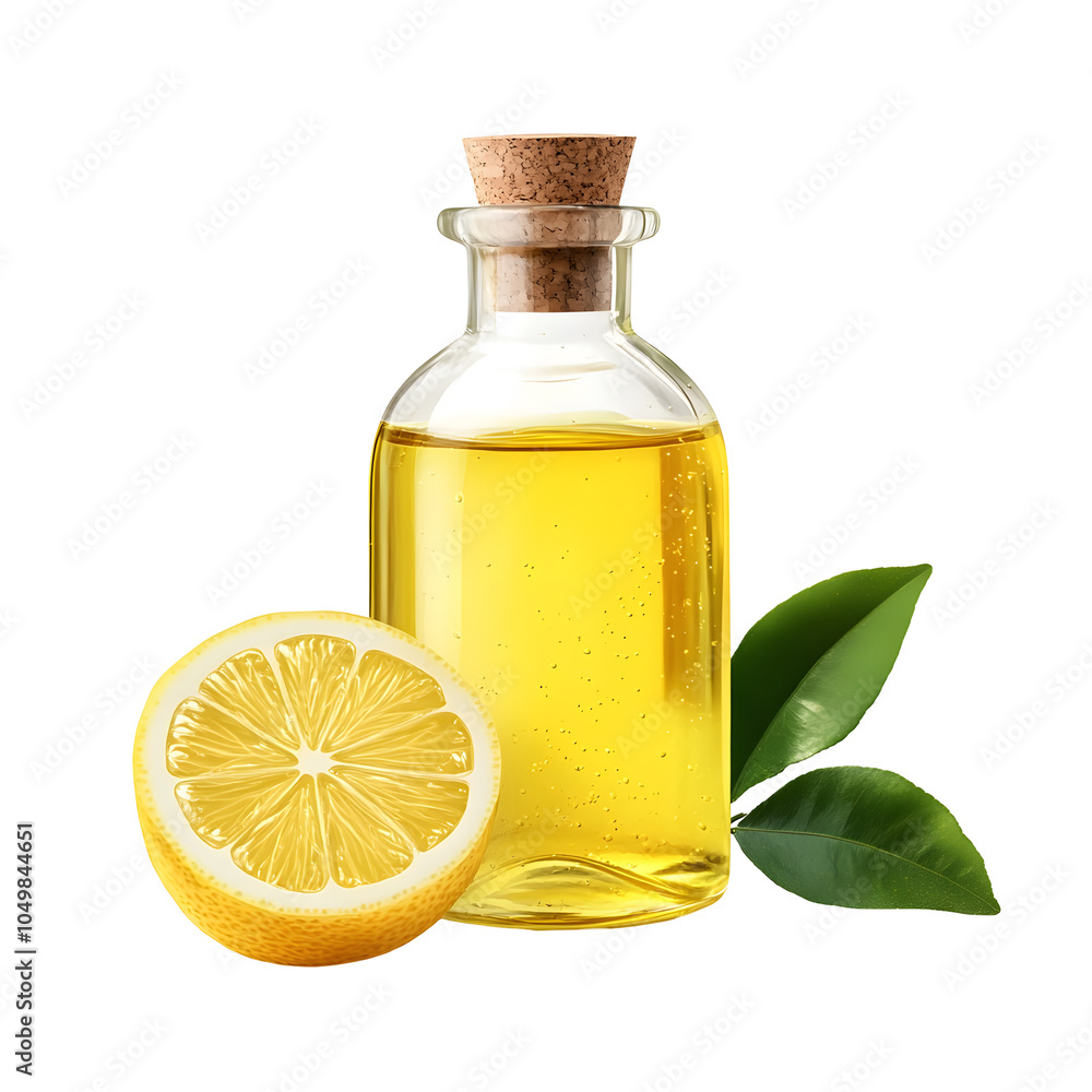 Photograph of Lemon Serum in Glass Bottle with Lemon on Clean White Background Photograph of Lemon Serum in Glass Bottle with Lemon on Clean White Background