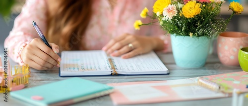 A woman writing in a planner surrounded by colorful stationery and a vibrant flower pot, creating an inspiring workspace.