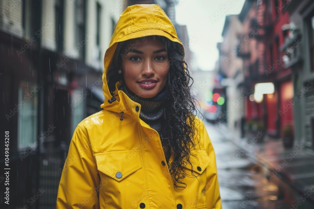 Fototapeta premium A woman wearing a yellow raincoat stands in the rain, providing shelter from the elements