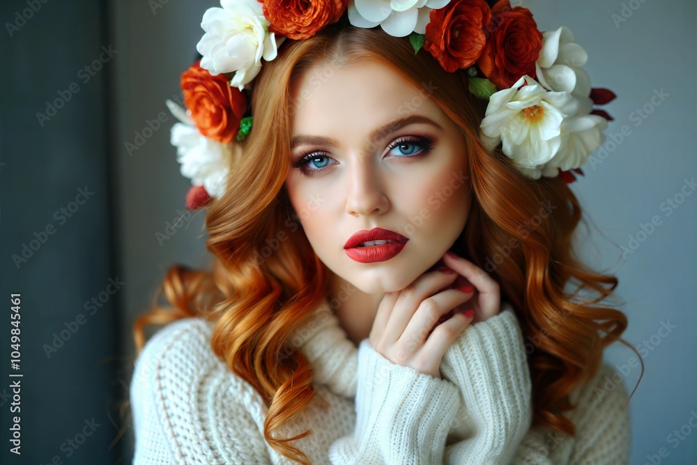 Naklejka premium A young woman with stunning red hair wearing a floral crown poses for a portrait against a dark background in soft natural light. Generative AI