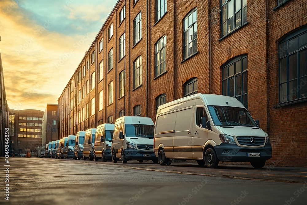 Obraz premium A row of white vans are parked in front of a brick building