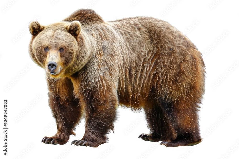 Obraz premium A large brown bear stands on a white surface, waiting or watching