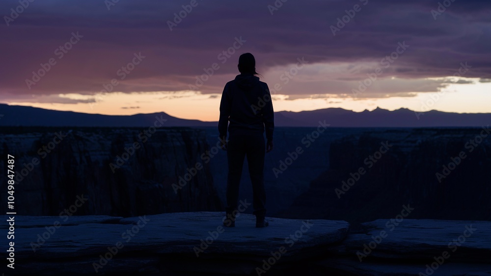 Obraz premium Person in silhouette gazing at twilight canyon from rocky ledge