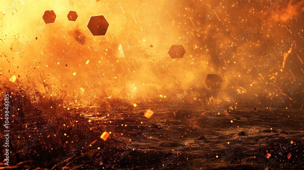 Realistic Battlefield with Glitch Effect in Hexagonal Style Realistic Battlefield with Glitch Effect in Hexagonal Style