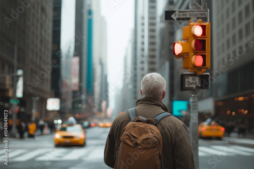 Wallpaper Mural A man waits at a red traffic light near bustling streets filled with taxis during a cloudy afternoon Torontodigital.ca