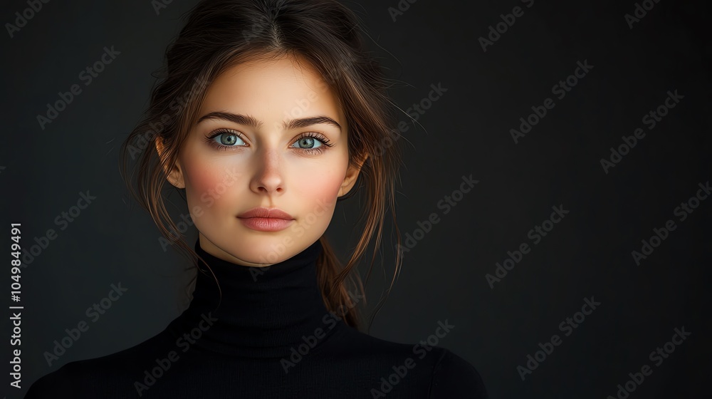 Portrait of a woman in a black turtleneck, with a serene expression, against a dark background. Captures elegance and simplicity. Portrait of a woman in a black turtleneck, with a serene expression, against a dark background. Captures elegance and simplicity.