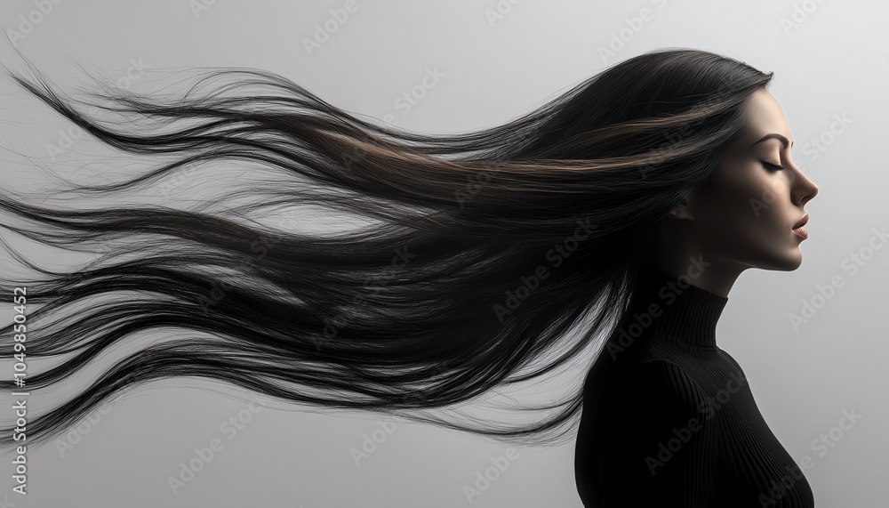A serene portrait of a woman with long, flowing hair, captured in a moment of elegance and style against a minimalist background. A serene portrait of a woman with long, flowing hair, captured in a moment of elegance and style against a minimalist background.