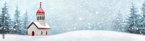Wallpaper Mural A serene winter landscape featuring a quaint church surrounded by snow-covered trees under a gentle snowfall. Torontodigital.ca