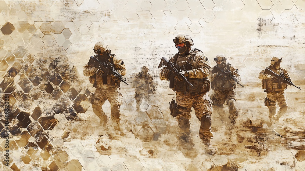 Obraz premium Soldiers in Motion Across Desert Terrain
