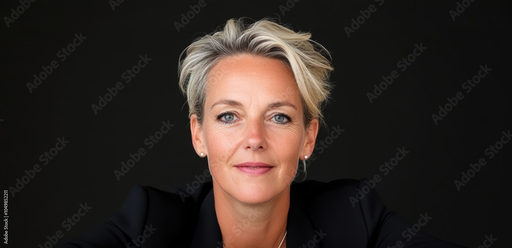 © Nataliia_Trushchenko - middle-aged dutch woman, dressed professionally, leaning her arms on a modern black lectern against a dark background, behind her appear in the air we see the these in white sentence