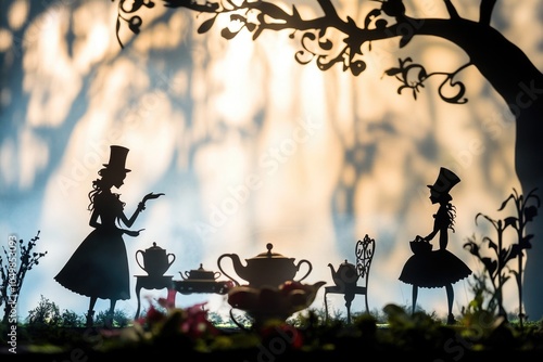 Scene from Lewis Carroll's classic tale 'Alice in Wonderland' showing Alice and the Mad Hatter having tea with friends