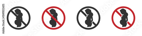  Pregnancy is prohibited vector sign set. Not good for pregnant woman illustrations. Not good for pregnant icon