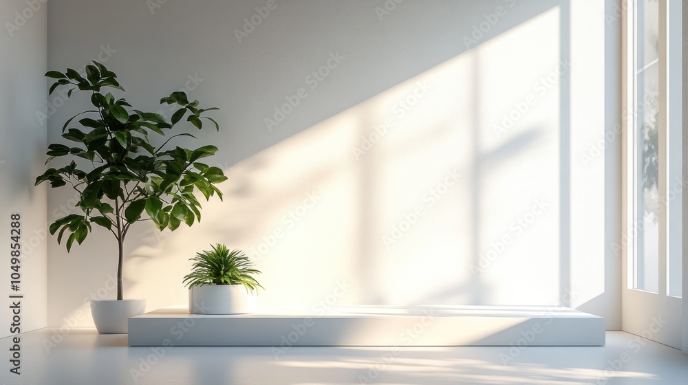 Minimalist White Room with Plants and a Platform for Display Minimalist White Room with Plants and a Platform for Display