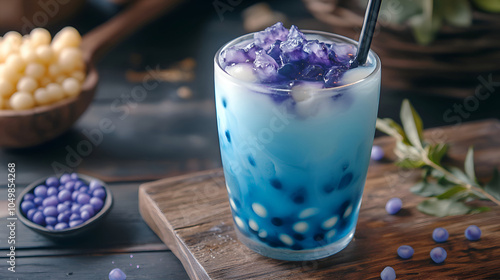 Two vibrant layered bubble tea drinks feature shades of purple and blue, topped with whipped cream, fruit bits, and a sprinkle of edible flowers, The drinks sit on a rustic wooden board photo